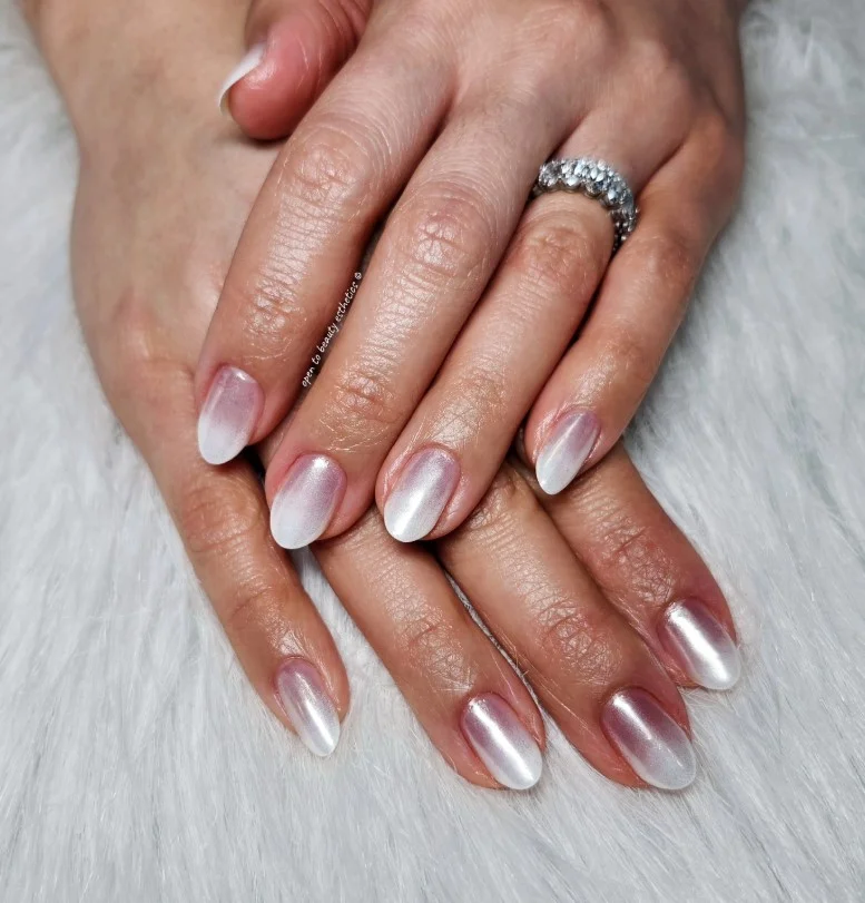 chrome french ombre almond nails design shiny luxury manicure
