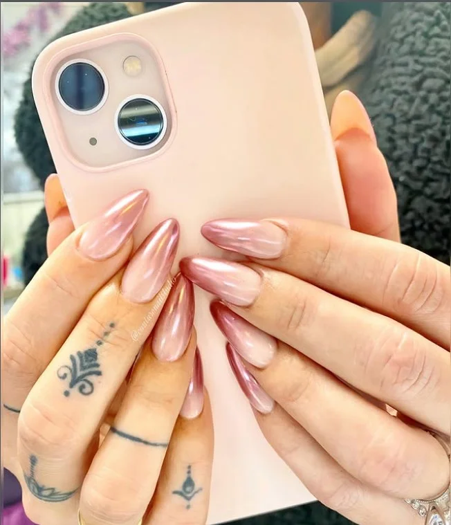 chrome glitter ombre almond nails metallic finish