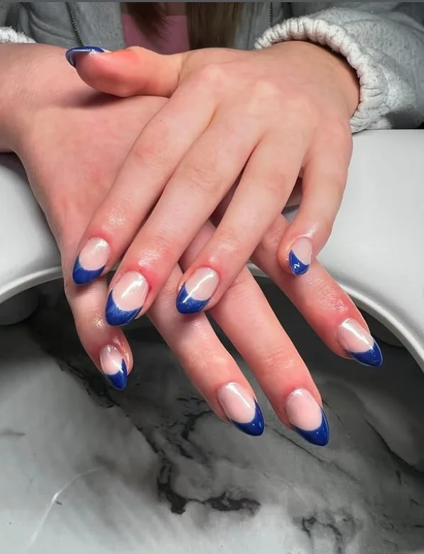 chrome royal blue french tip nails shiny finish