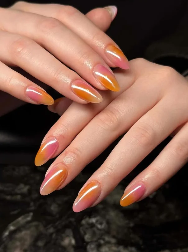 coral and orange ombre almond nails bright summer look