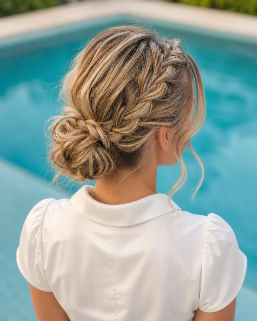 braided low bun medium hair beach hairstyle elegant style