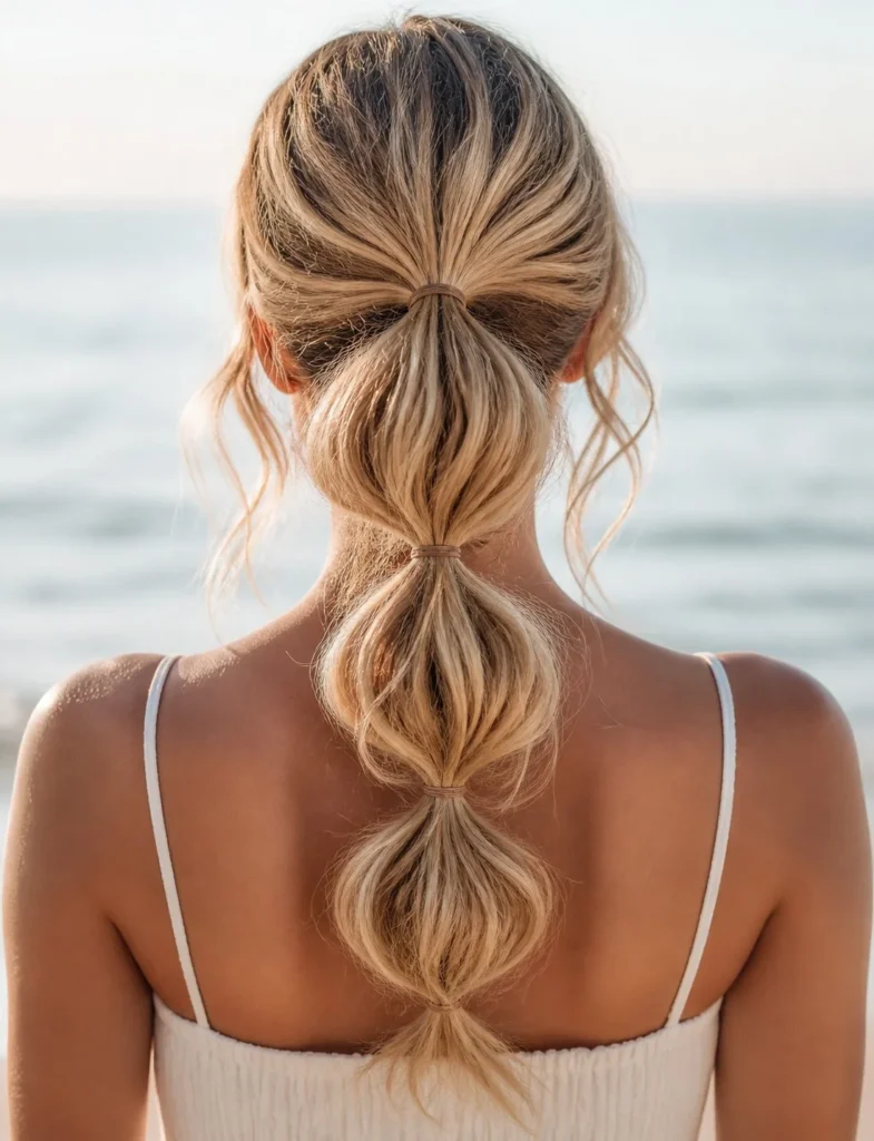 bubble ponytail medium hair beach hairstyle trendy look