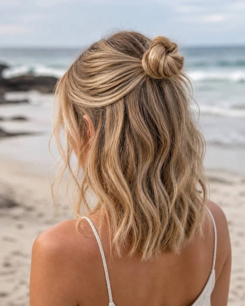 half up mini bun cute short beach hairstyle
