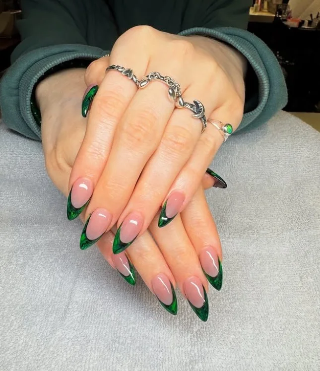 emerald glitter ombre almond nails rich green style