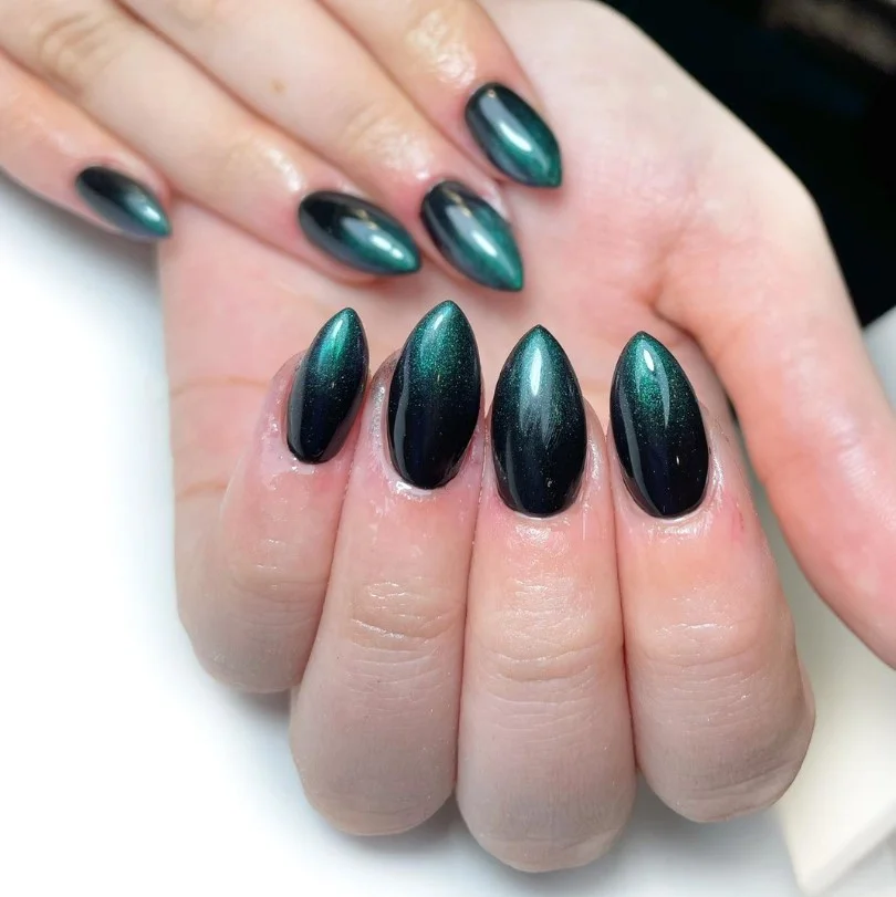 emerald green and black ombre almond nails rich manicure