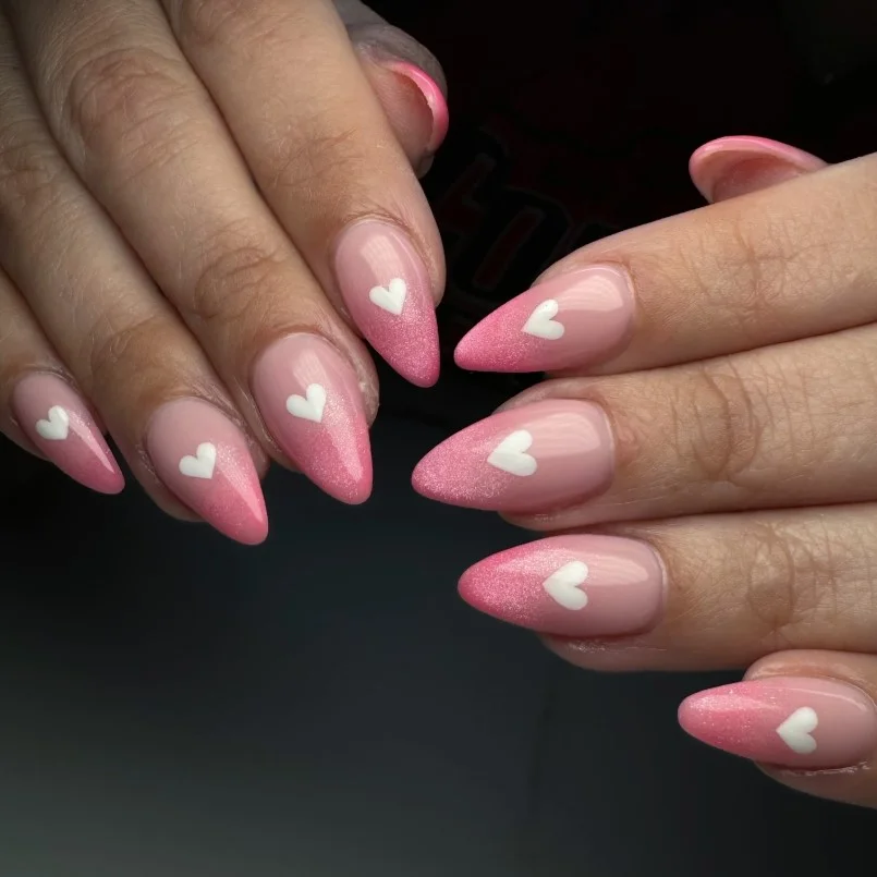 french ombre almond nails with hearts cute romantic nail design