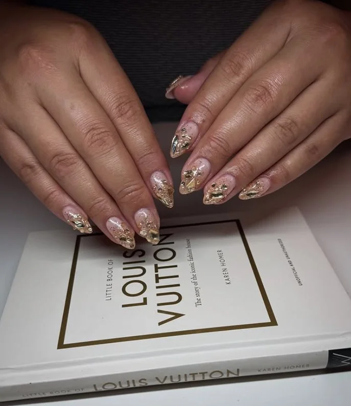 glitter ombre almond nails with rhinestones luxury style