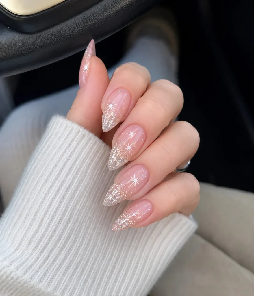 glitter ombre almond nails with stars cute design