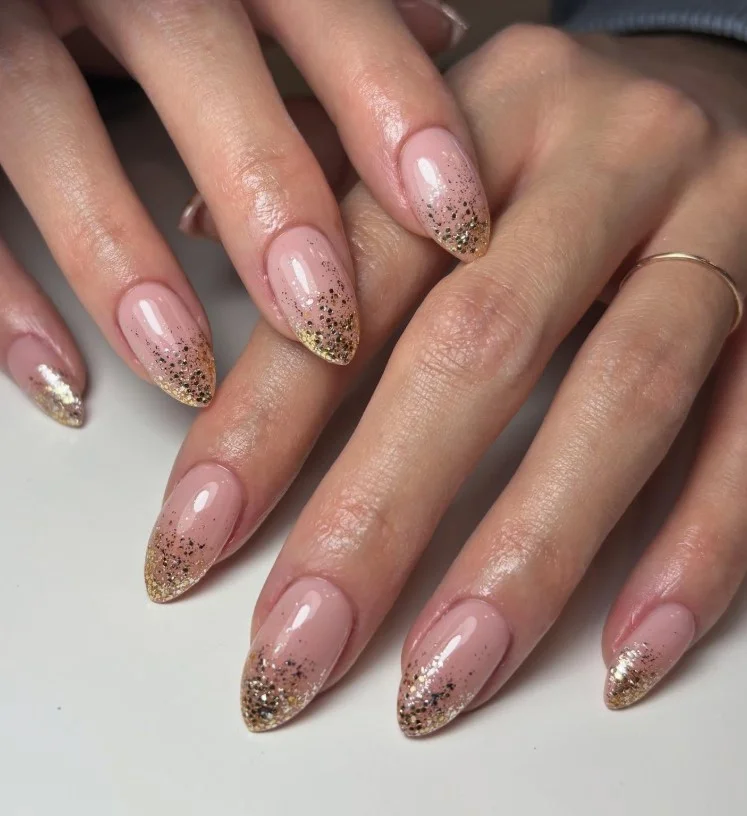 gold glitter nude almond nails glamorous nail style