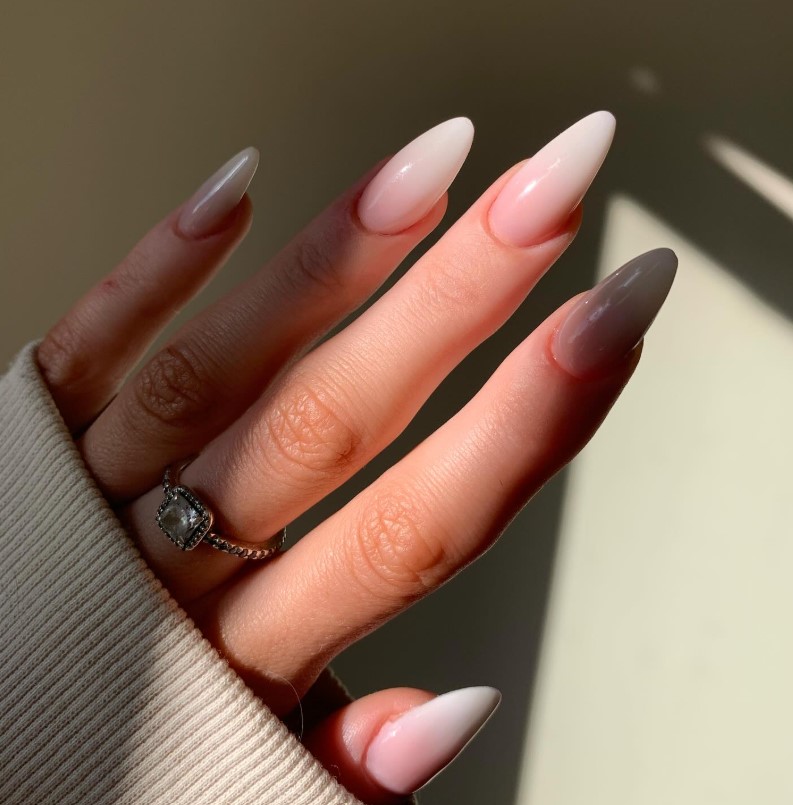 icy white french ombre almond nails design fresh glossy manicure