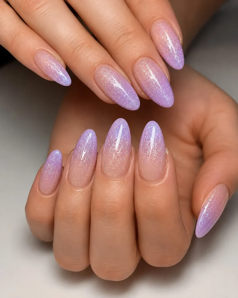 lavender glitter fade almond nails soft pastel look