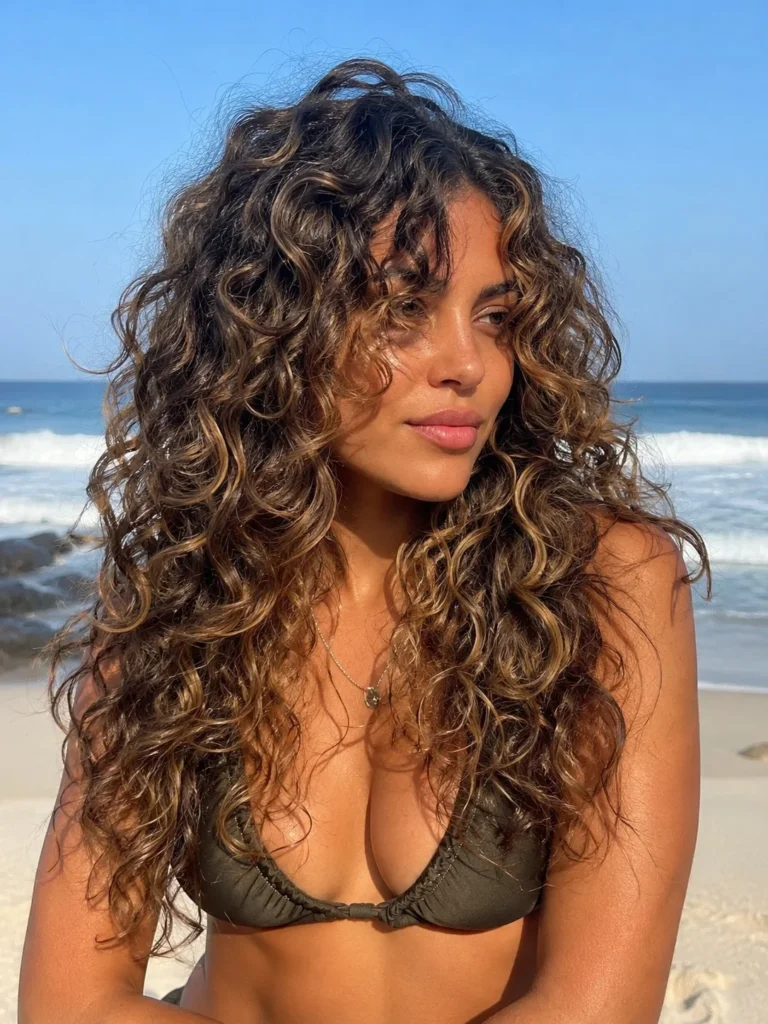 face framing layered curly beach hairstyle for long hair