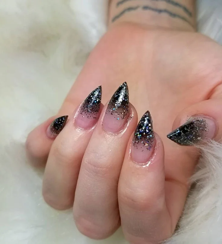 luxury black glitter fade almond nails glamorous design