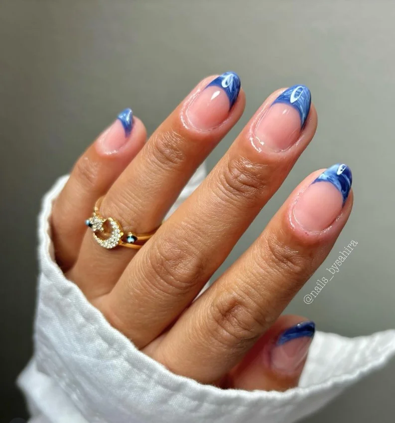 marble royal blue french tip nails artistic look