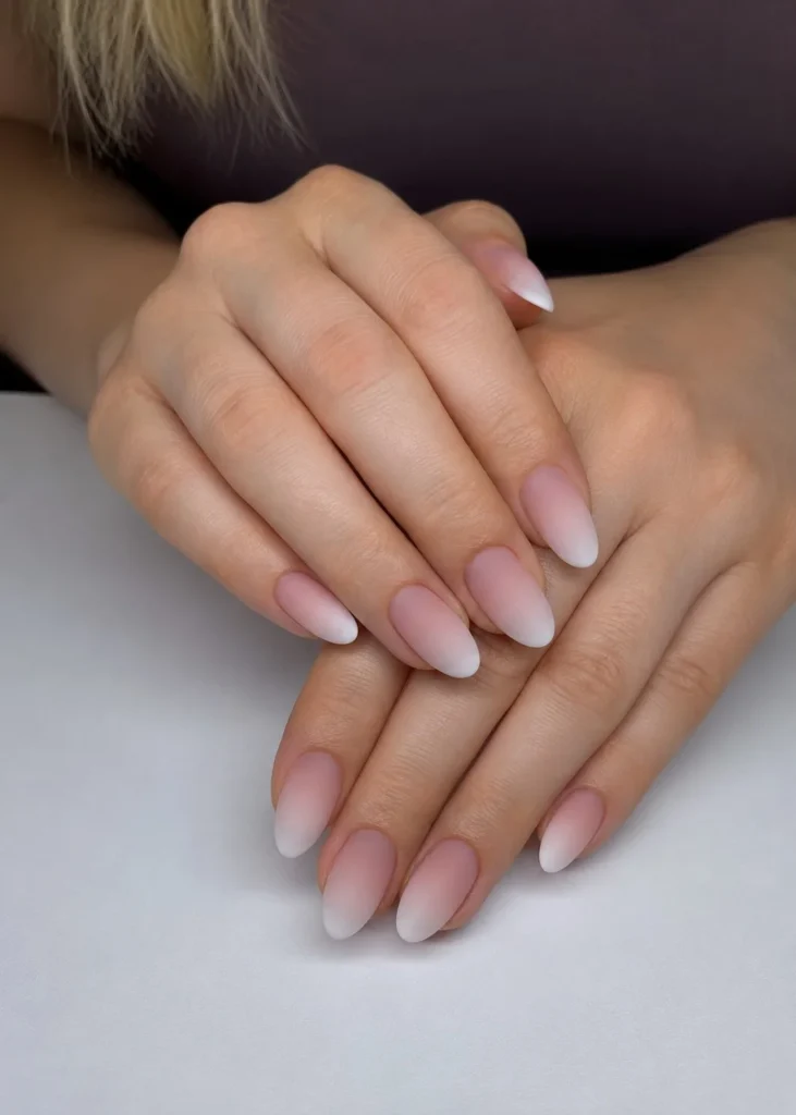 matte french ombre almond nails design soft modern manicure