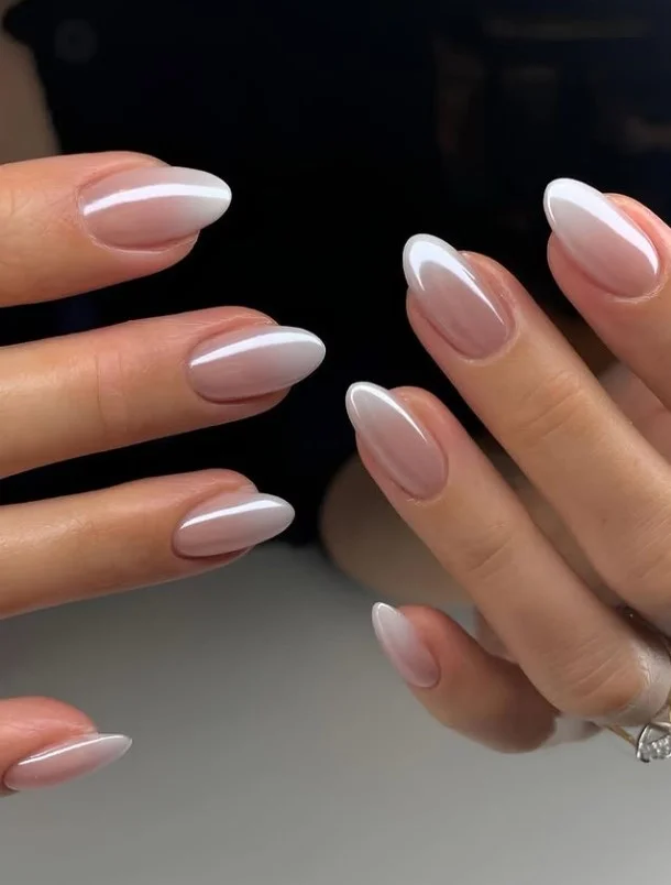 milky white and beige ombre almond nails classy design