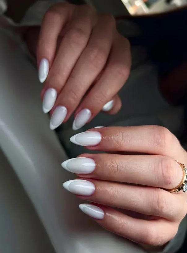 milky white french ombre almond nails design glossy elegant manicure
