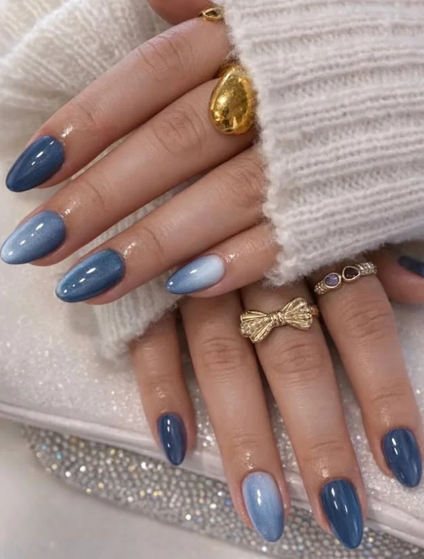 navy blue and gray ombre almond nails modern style