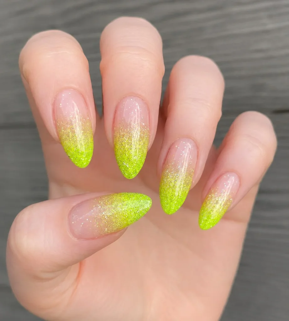 neon glitter ombre almond nails bright trendy style