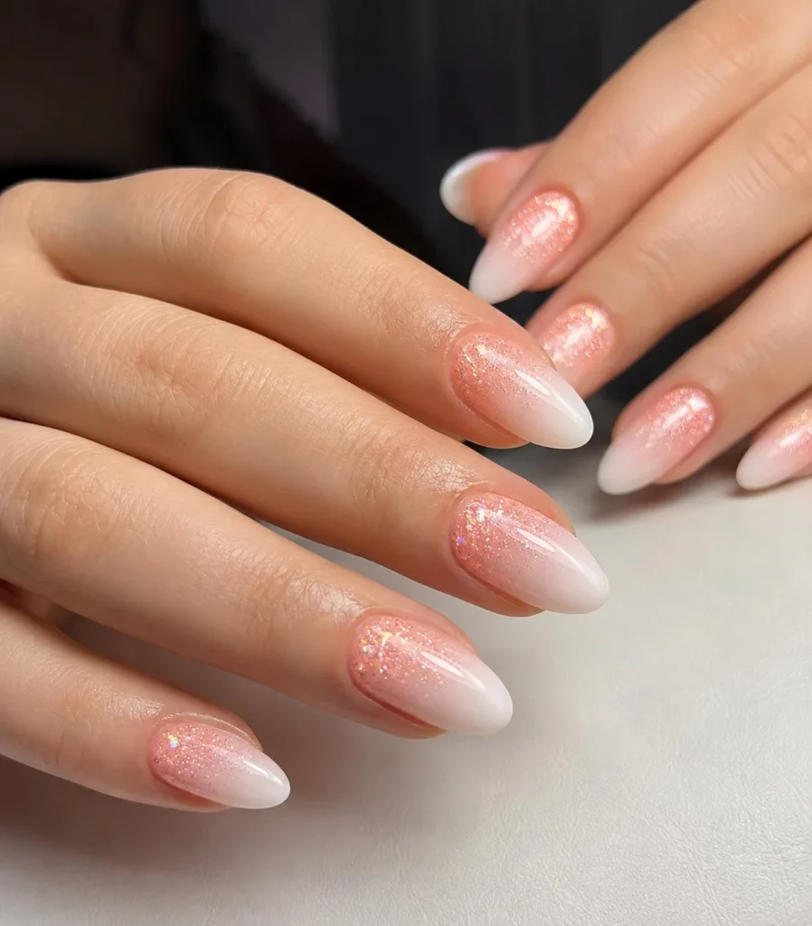 peach glitter almond nails fresh summer nail design
