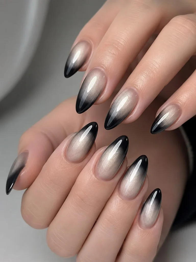 pearl black ombre almond nails glowing finish