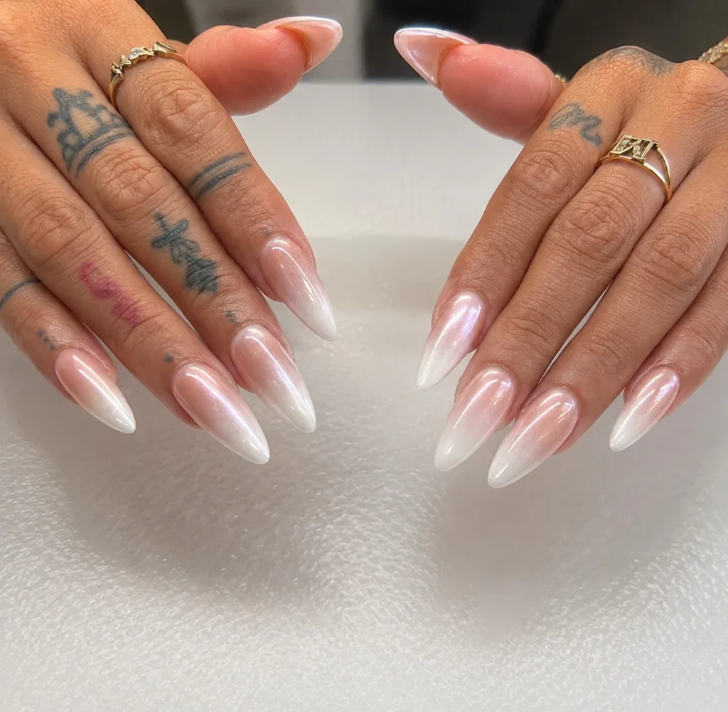 pearl glow french ombre almond nails design bridal nail inspiration
