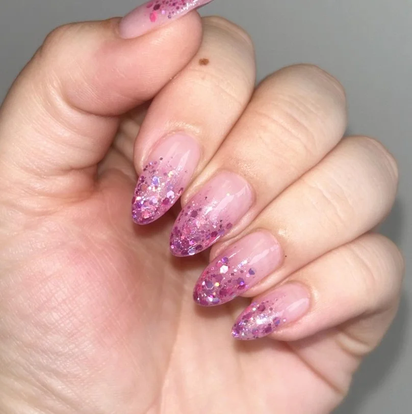pink and glitter fade almond nails sparkly manicure