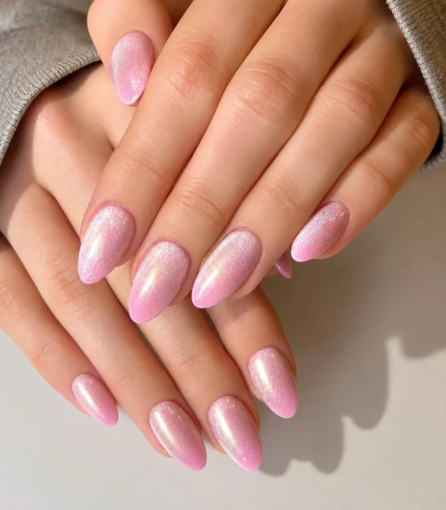 light pink velvet almond nails soft glowing design