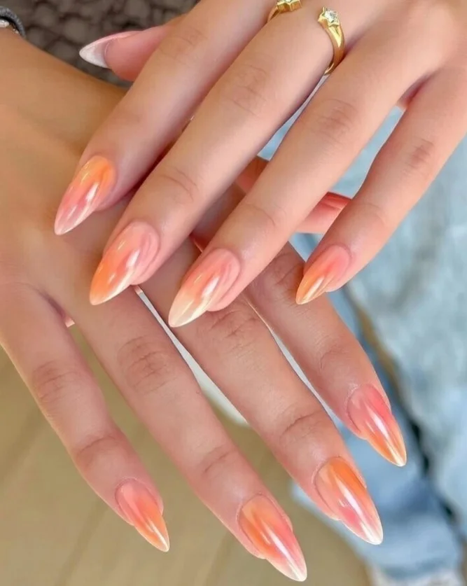 peachy pink ombre almond nails fresh summer look