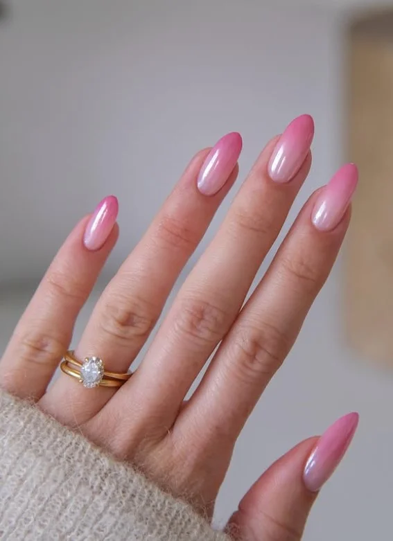 pink chrome ombre almond nails shiny finish
