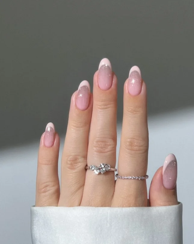 pink glitter french ombre almond nails classy sparkle