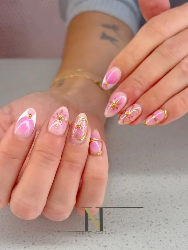 pink ombre almond nails with rhinestones glamorous style