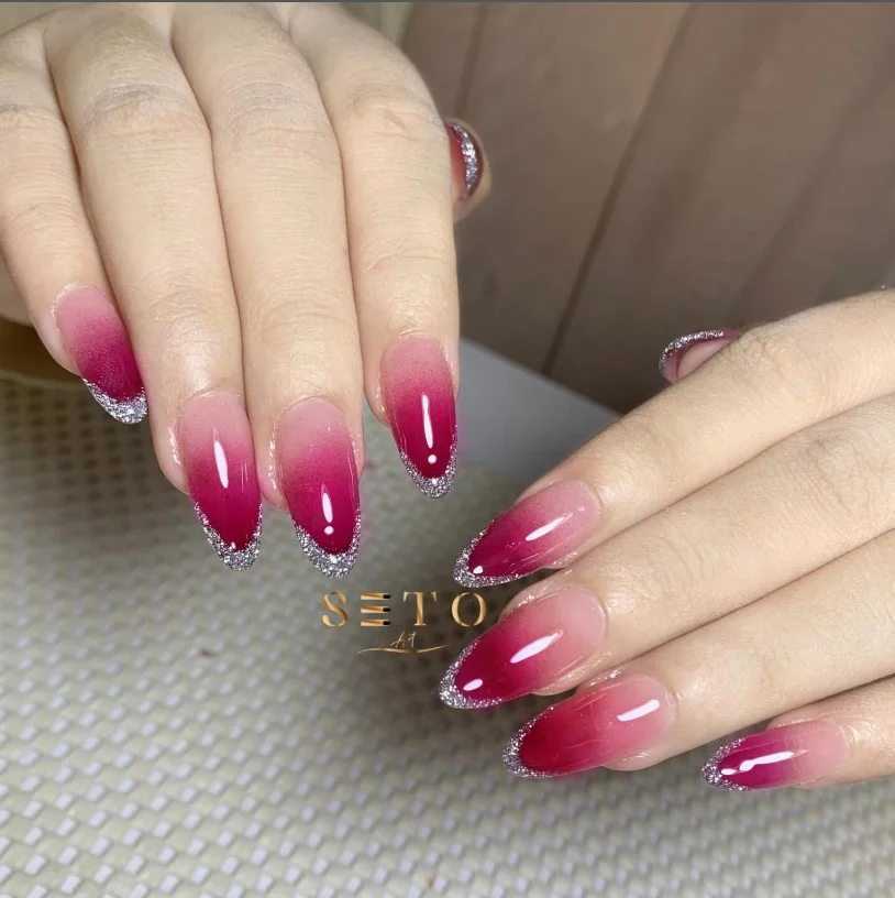 rose pink glitter ombre almond nails luxury look