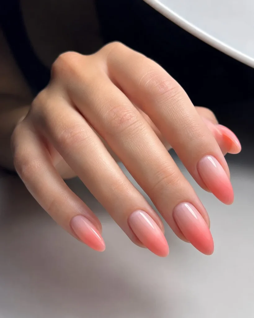 soft coral pink ombre almond nails bright look