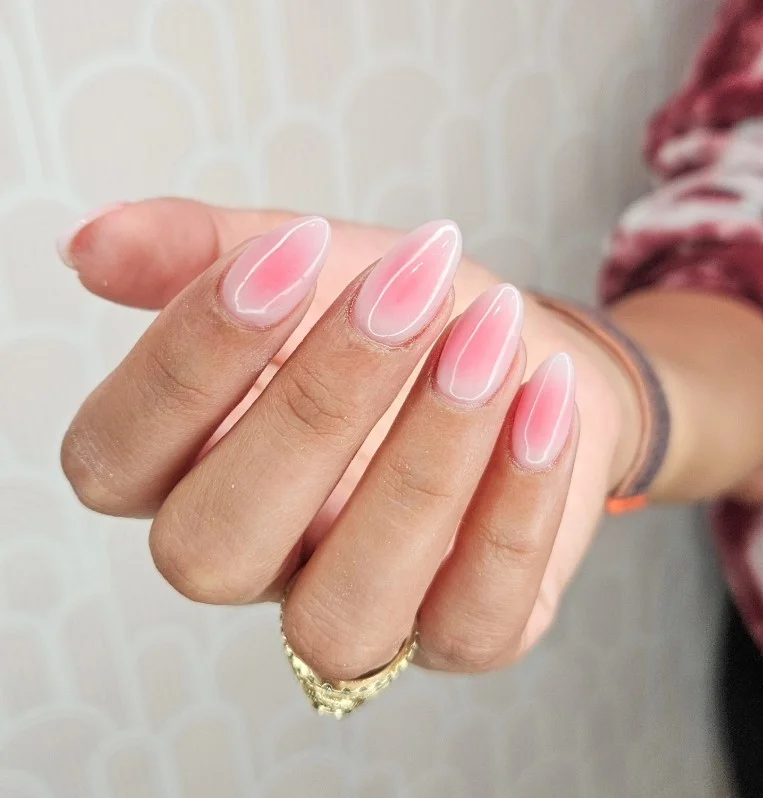 strawberry pink almond fade nails cute nail design