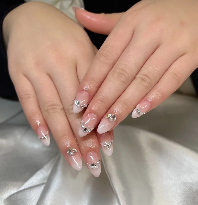rhinestone french ombre almond nails design glamorous sparkle manicure