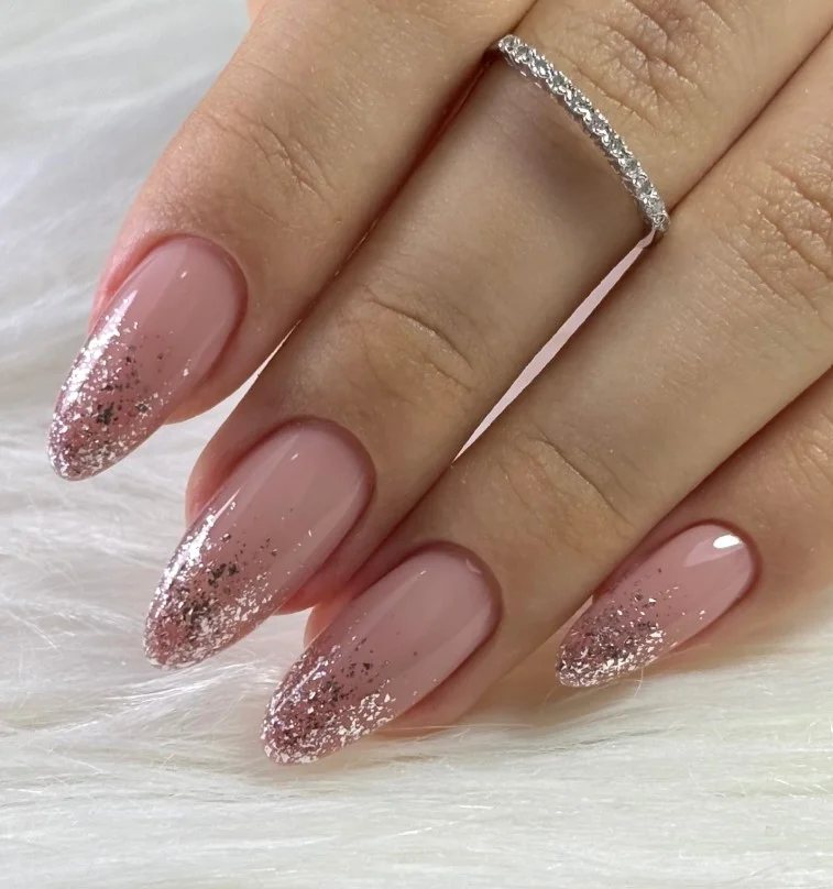 rose gold and pink ombre almond nails glamorous style