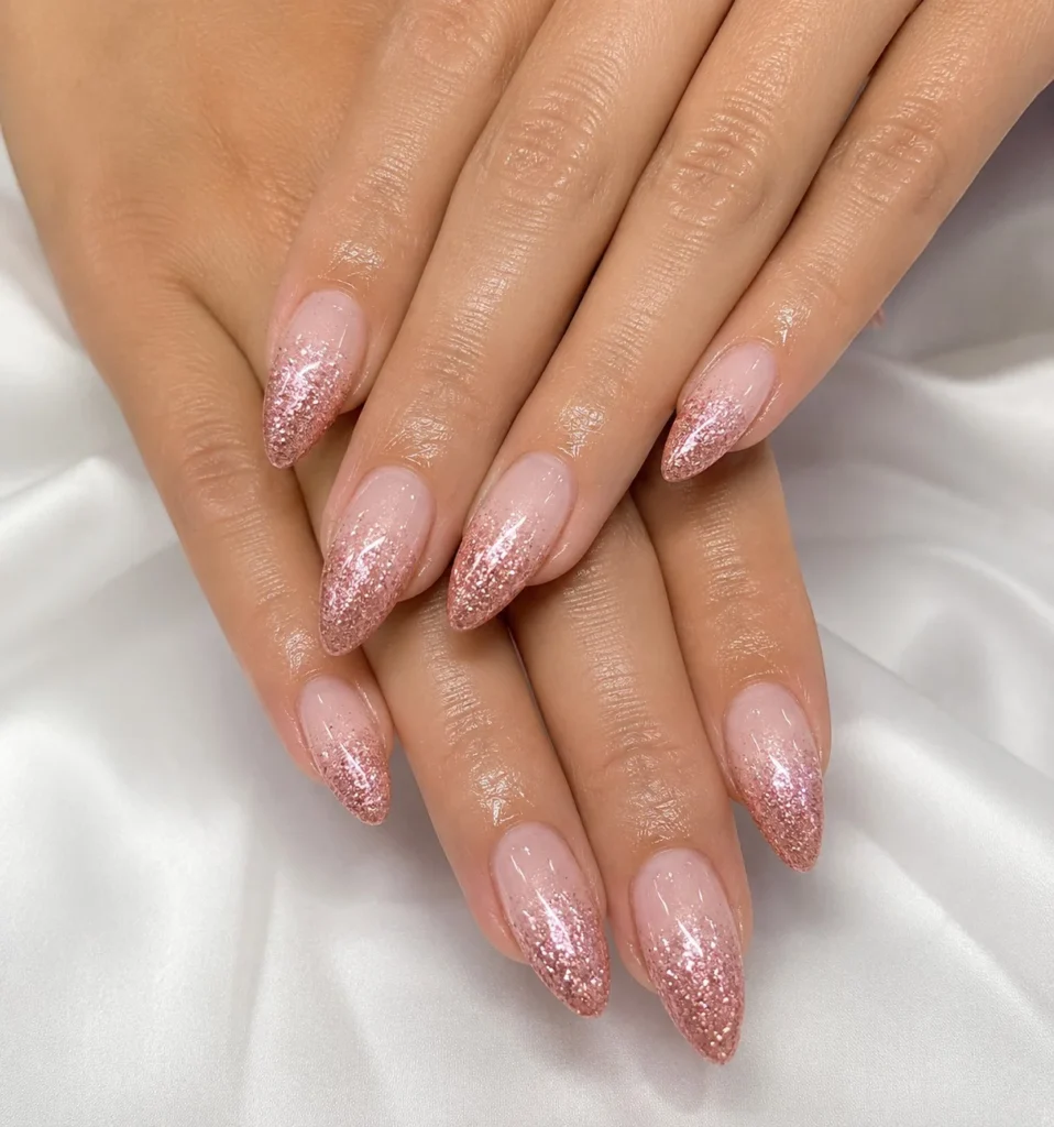 rose gold glitter fade almond nails glamorous design