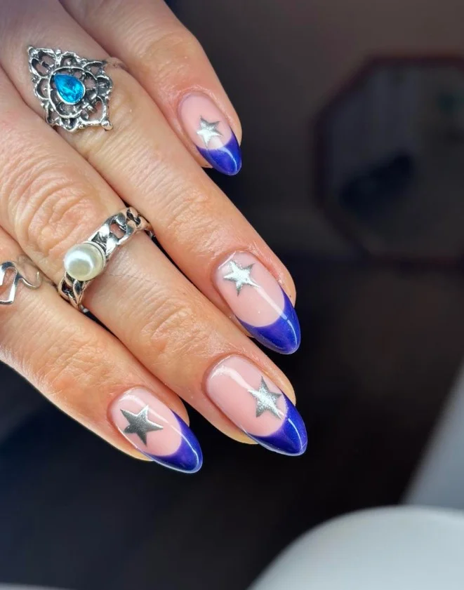 royal blue french tip nails with stars cute design