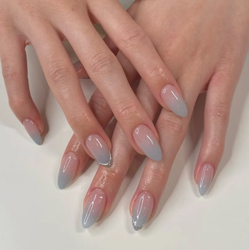 blue ombre short almond nails cool toned look