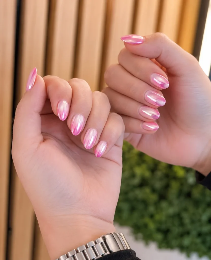 pink chrome ombre almond nails shiny nail design