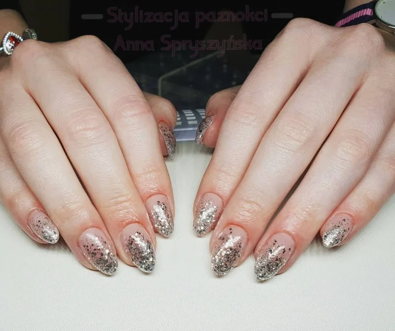 silver glitter nude ombre almond nails design glossy look