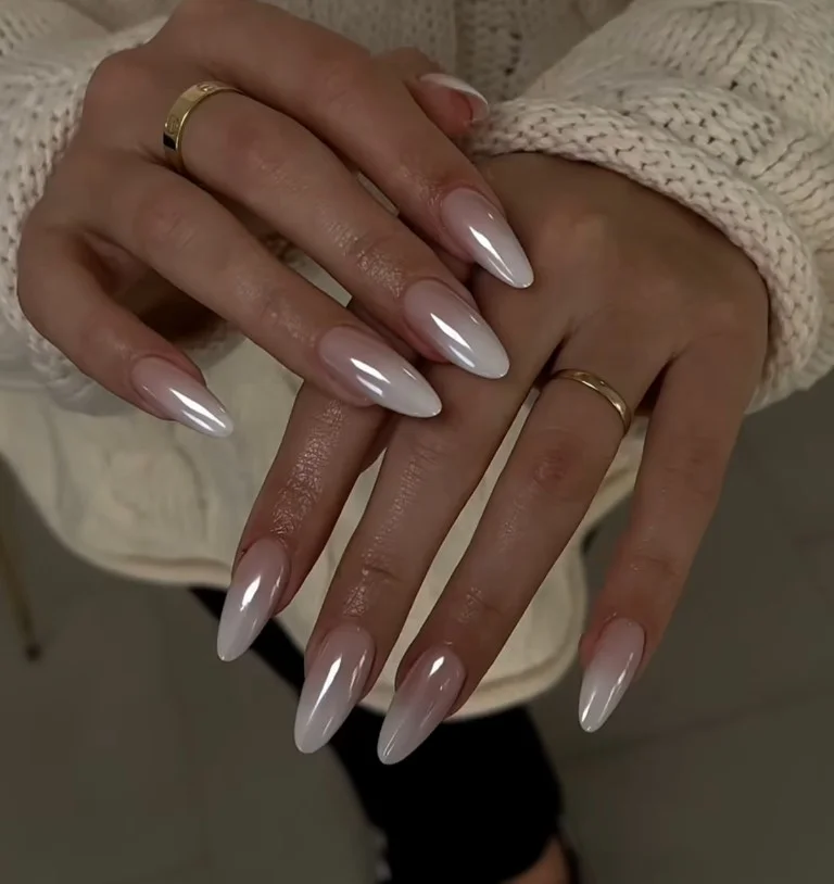soft nude and white ombre almond nails timeless look