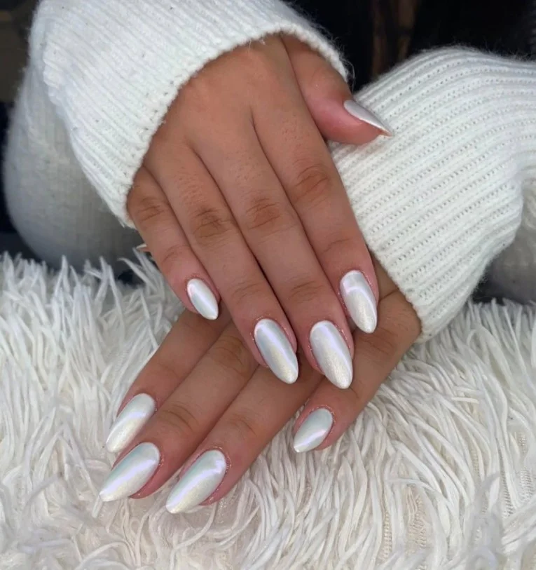 white and chrome ombre almond nails shiny metallic finish