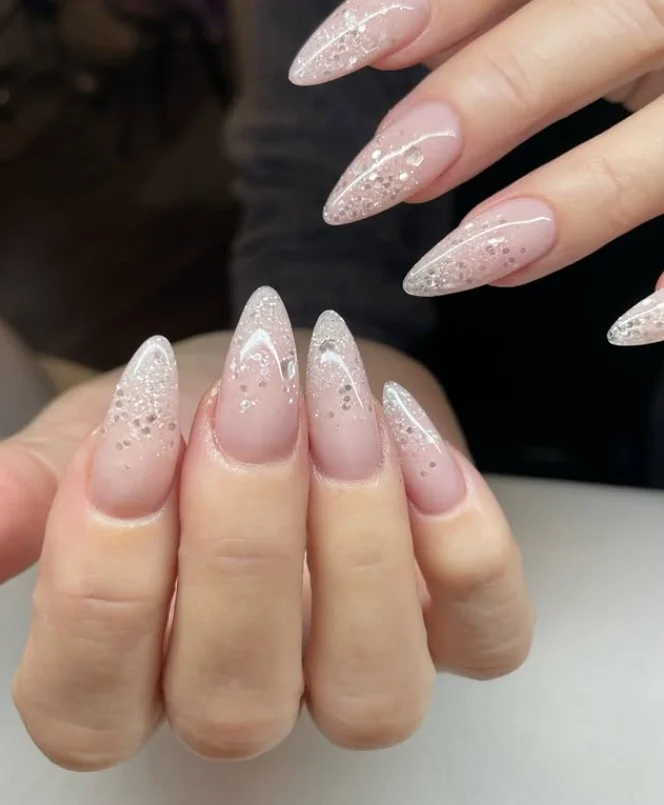 white glitter french ombre almond nails elegant style