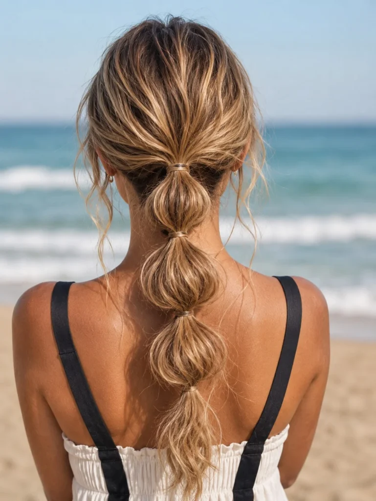 bubble ponytail hairstyle for long beach hair with trendy texture