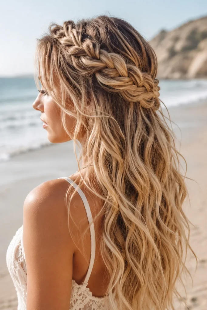 crown braid hairstyle with loose beach waves for long summer hair