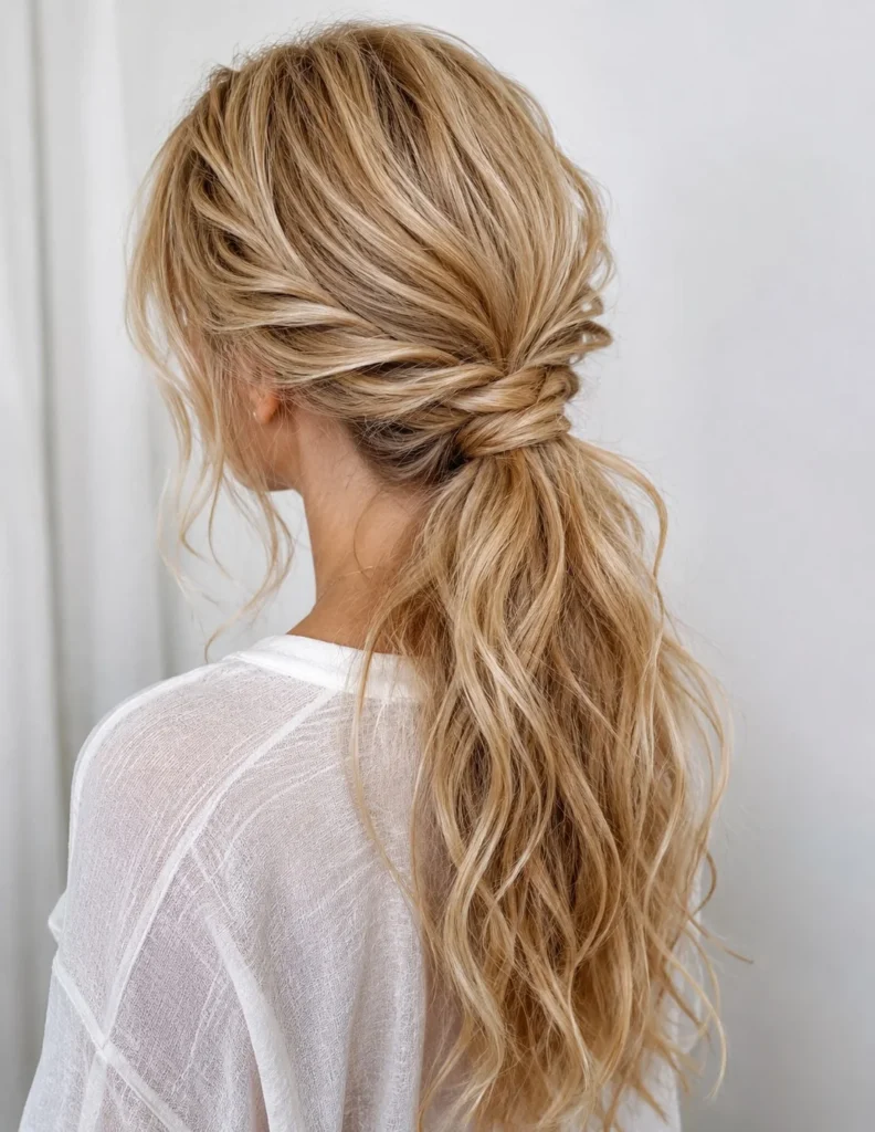 low twisted ponytail hairstyle for elegant beach summer hair