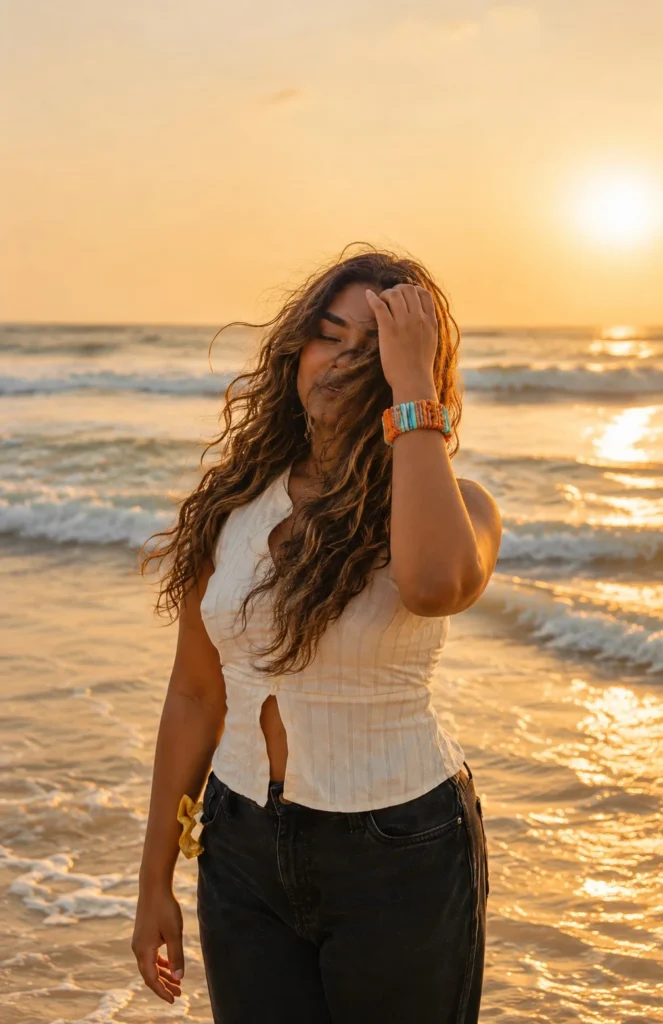 golden hour beach waves hairstyle with soft glowing texture