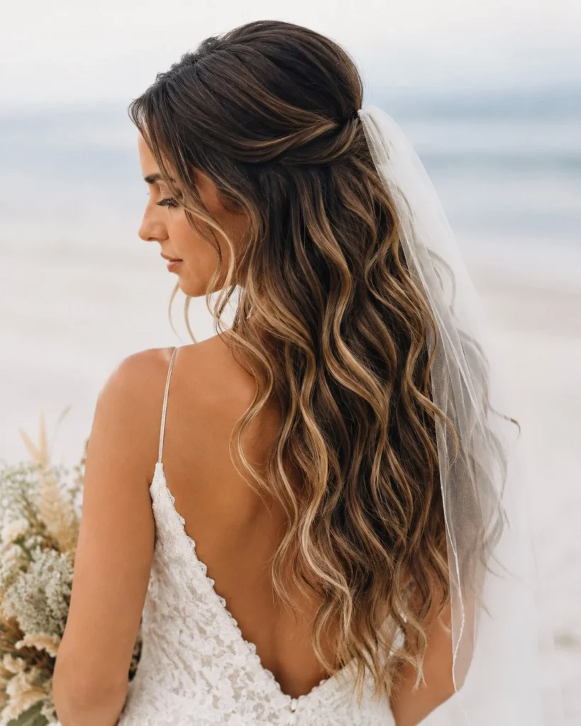 beach waves hairstyle with low wedding veil and romantic texture